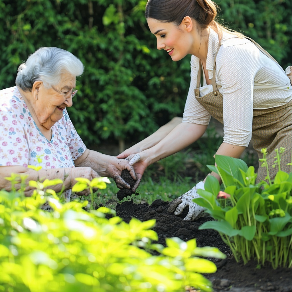A picture of someone helping a senior in the garden-1